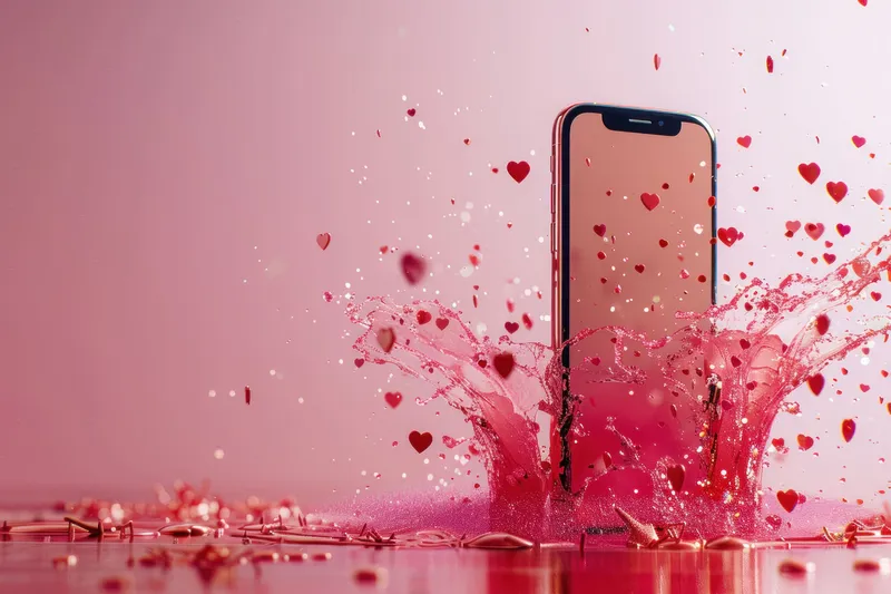 iPhone с брызгами красной жидкости и сердечками на розовом фоне