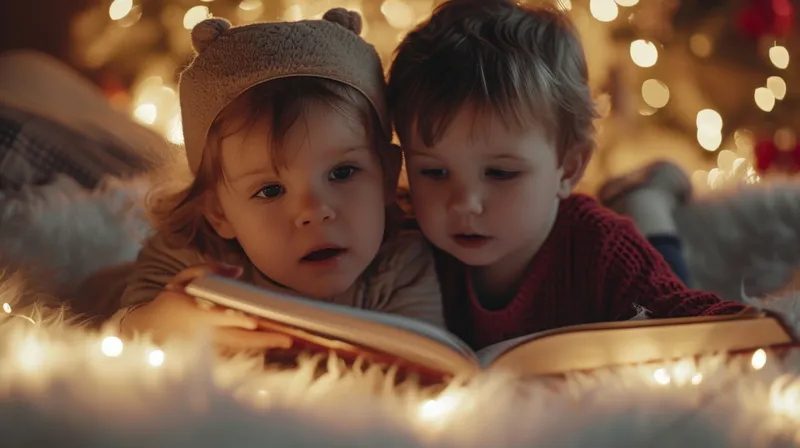 Двое детей, увлеченно читающих книгу рядом с красиво украшенной рождественской елкой, создающей уютную и праздничную атмосферу