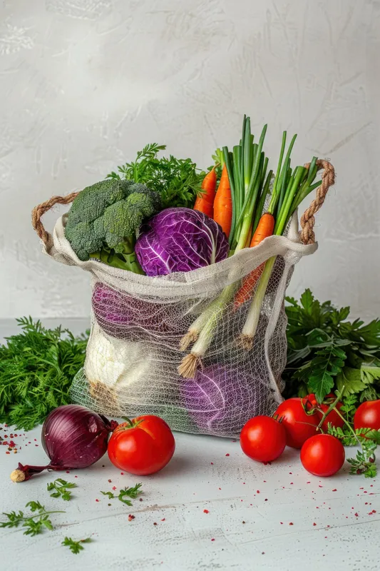 Свежие овощи в сетчатом мешке для здорового питания и приготовления на кухне на белом фоне со свободным местом