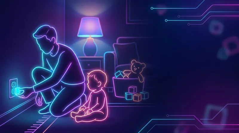 Неоновая цифровая сцена: родитель устанавливает защиту на розетку, а малыш наблюдает рядом