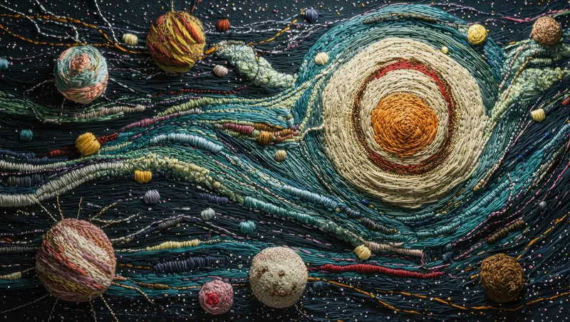 Яркая космическая сцена с планетами из пряжи и закрученными галактиками, подчеркивающая креативность, искусство и чудеса вселенной