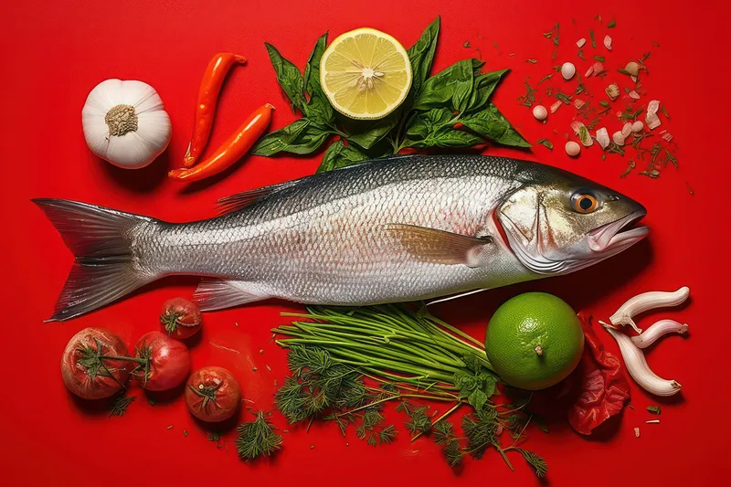 Сырые ингредиенты на фоне: соль, перец, лимон, морепродукты