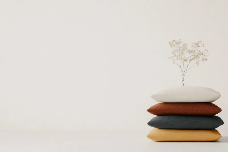 Безмятежная композиция из сложенных подушек в земляных тонах с маленьким цветком, олицетворяющая минимализм, спокойствие и стильный интерьерный декор для современных домов
