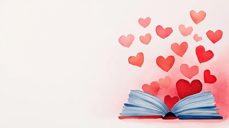 Открытая книга, из страниц которой исходят яркие красные сердца в форме сердечек, олицетворяющая связь между любовью и литературой