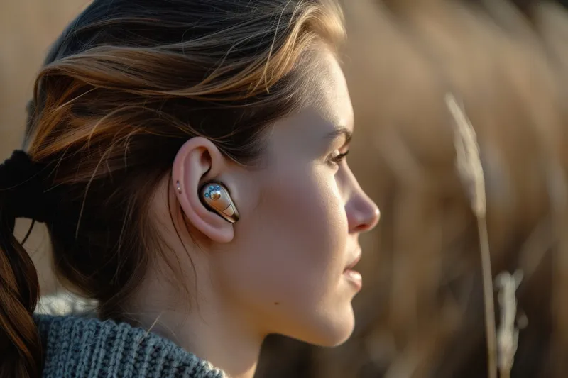 Портрет молодой женщины, слушающей музыку через Bluetooth-наушники в бескрайнем поле