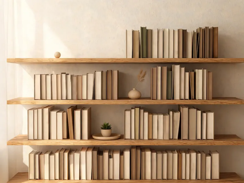 Организованный книжный шкаф с книгами, небольшими декоративными предметами и нейтральным интерьерным оформлением