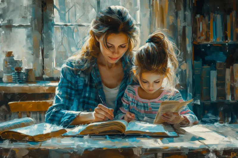Мать и дочь проводят время вместе, читая книгу перед книжным шкафом в уютной домашней обстановке