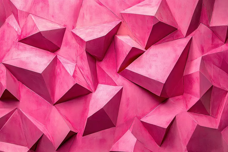Яркий розовый геометрический фон, состоящий из 3D-пирамидальных форм, идеально подходящий для использования в моде, искусстве и творческих индустриях, добавляющий глубину и текстуру