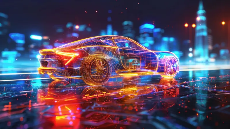 Светящийся каркасный спортивный автомобиль с неоновыми контурами на фоне динамичного ночного города, подчёркивающий скорость и современный дизайн в высокотехнологичной городской среде