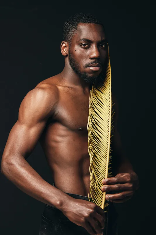 African man with muscular body holding golden palm leaf in creative conceptual visual style on black background. Portrait, dark skin, artistic and cultural expression with serious look.