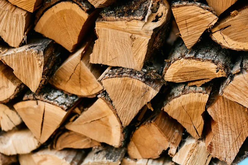 Крупный план поленницы с надписями «wood» и «firewood», запасы дров