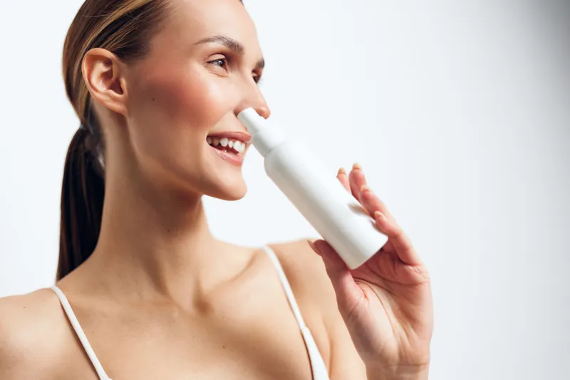 Smiling woman in profile drinking milk from a white bottle, closeup portrait on bright studio background, concept of healthy beverage, dairy nutrition, wellness and self care, soft lighting