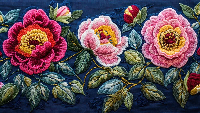 Эта яркая цветочная вышивка демонстрирует красиво детализированные розовые и желтые пионы на темном фоне