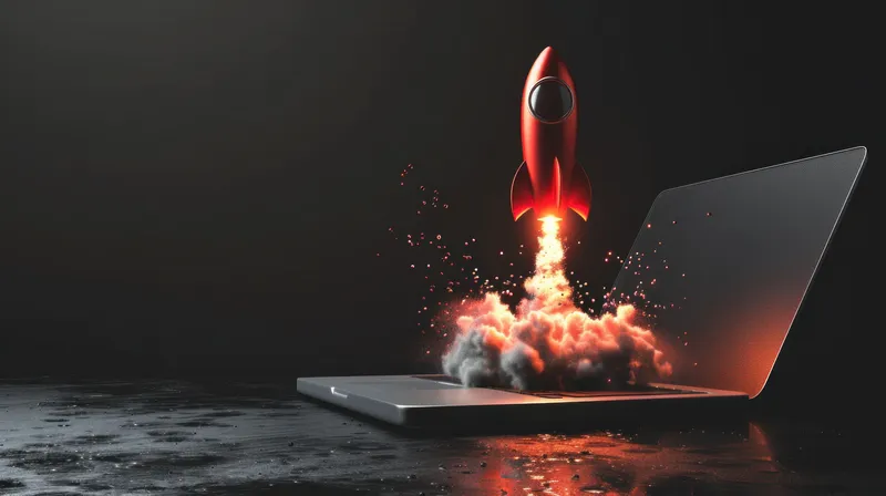 Красная ракета взлетает с ноутбука на темном фоне, оставляя дымный след