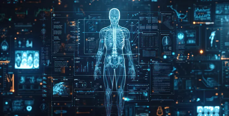 Футуристический цифровой интерфейс: концептуальная медицинская система на современном абстрактном фоне