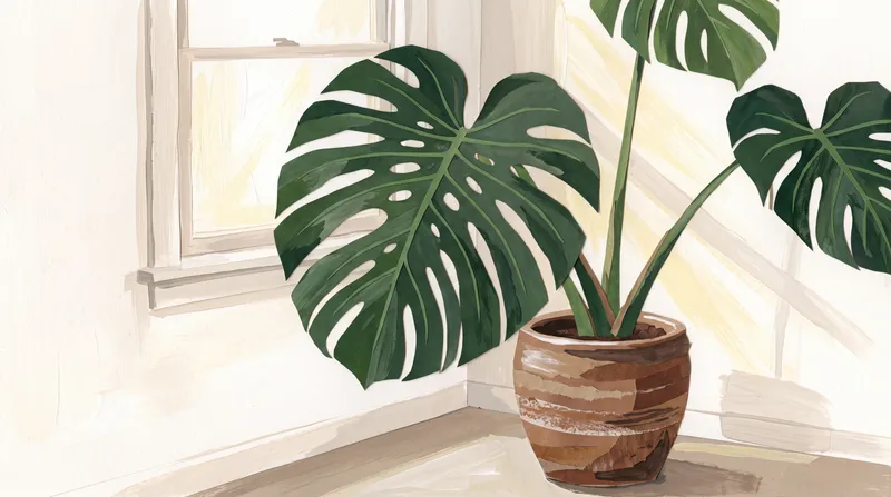Декоративный коллаж ручной работы с горшечной монстерой в спокойном углу интерьера у окна с тенями, вырезанными из бумаги, и ограниченной натуральной палитрой