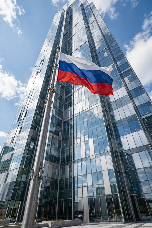 Российский флаг развевается на фоне стеклянного небоскрёба в ясный день