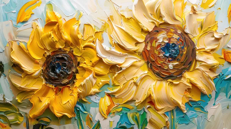 Красивая картина с подсолнухами на холсте с синим фоном