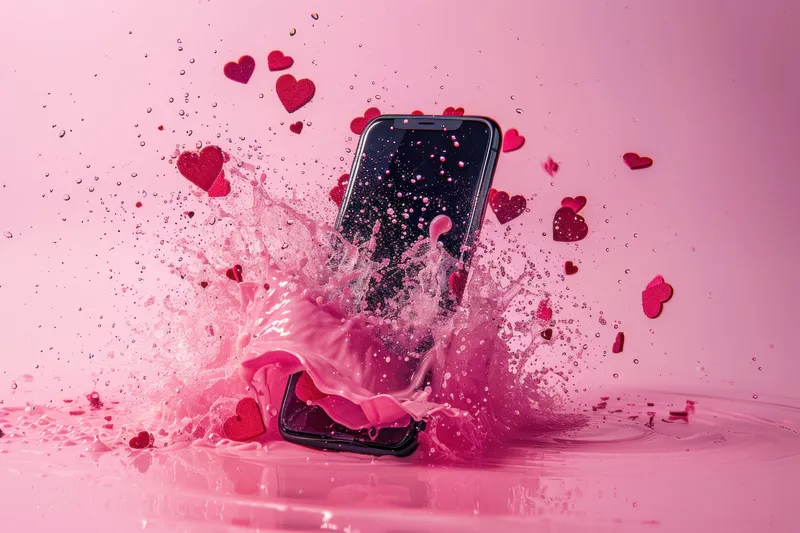 Розовые брызги воды попадают на iPhone, а на розовом фоне образуются пузырьки в форме сердечек