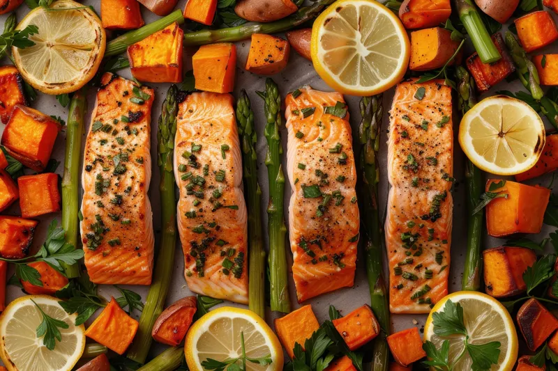 Вкусное филе лосося, украшенное зеленью, в сопровождении сладкого картофеля, спаржи и ломтиков лимона для яркого и полезного блюда