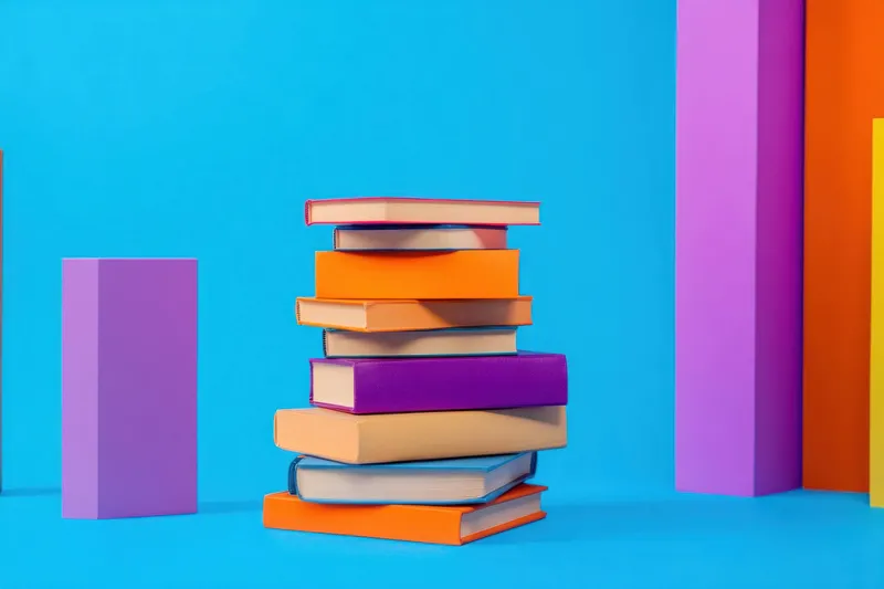 Яркая стопка книг разных цветов на ярко-голубом фоне, иллюстрирующая образовательную концепцию