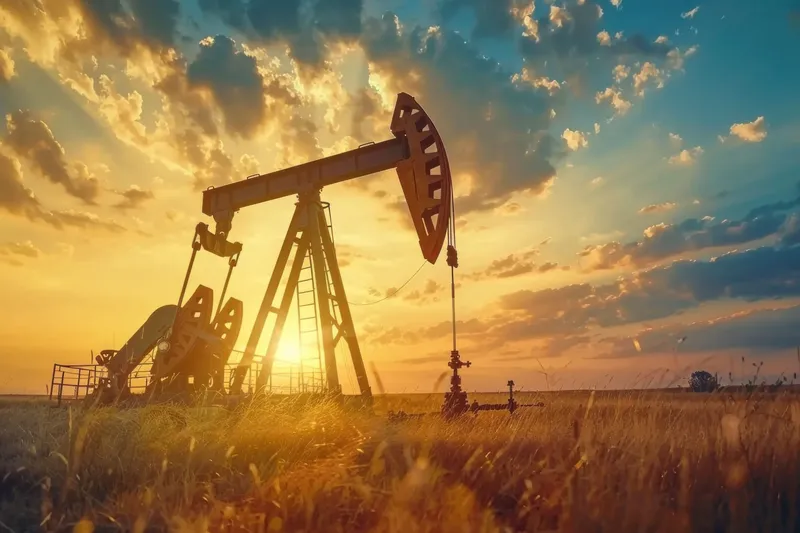 Выразительный силуэт нефтяной качалки на закате с яркими оранжевыми и синими оттенками в небе
