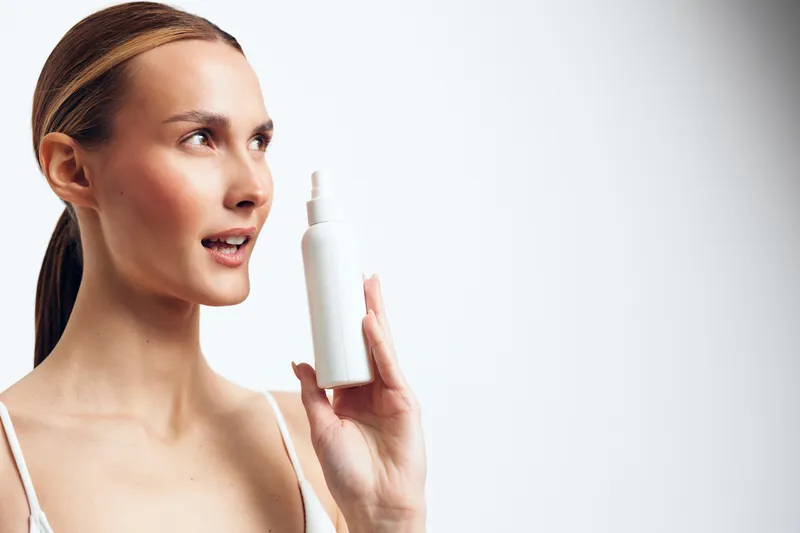 A young woman with brunette hair in a white top applies a face moisturizer, holding a cosmetic bottle in a bright studio, capturing a focused skincare routine and calm self care moment.