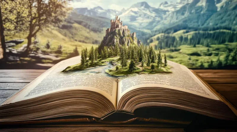 Из открытой книги разворачивается волшебная сцена: замок на вершине горы в окружении ярких зеленых лесов и безмятежной реки, олицетворяющая творчество и исследования