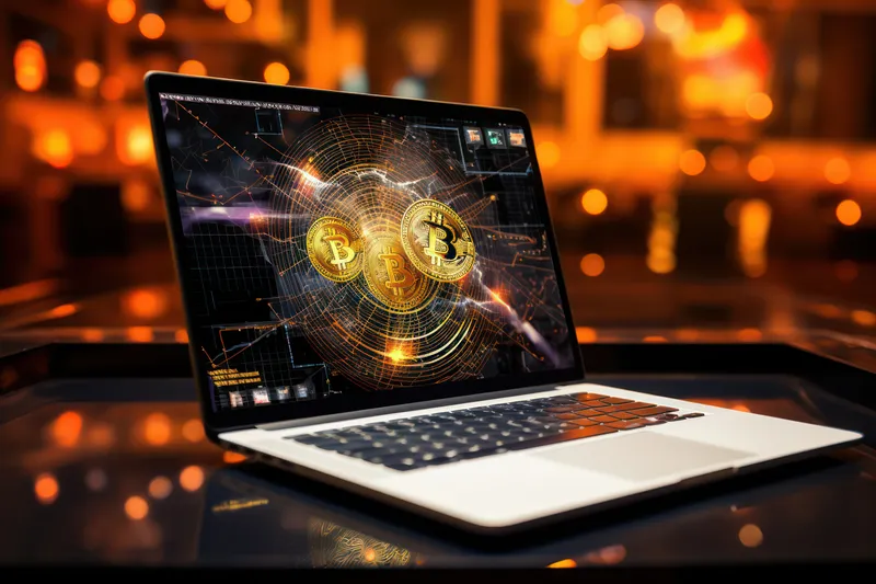 Крупный план золотой монеты Биткоин на цифровой клавиатуре ноутбука на фоне глобальных финансов и виртуальной валюты