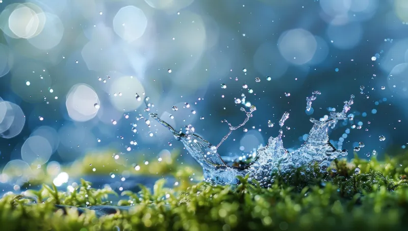 Крупный план воды, разбрызгивающейся на мху, с каплями, ловящими свет, создающий безмятежную и освежающую атмосферу