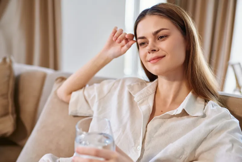 Woman on sofa holding a glass of water, relaxed and smiling in a cozy home portrait with natural light, casual white shirt and calm comfortable living room mood.