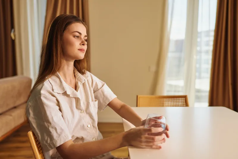 Woman sitting at table holding a glass, portrait of a thoughtful young adult in home interior with soft sunlight and curtains, relaxed mood and casual clothing.