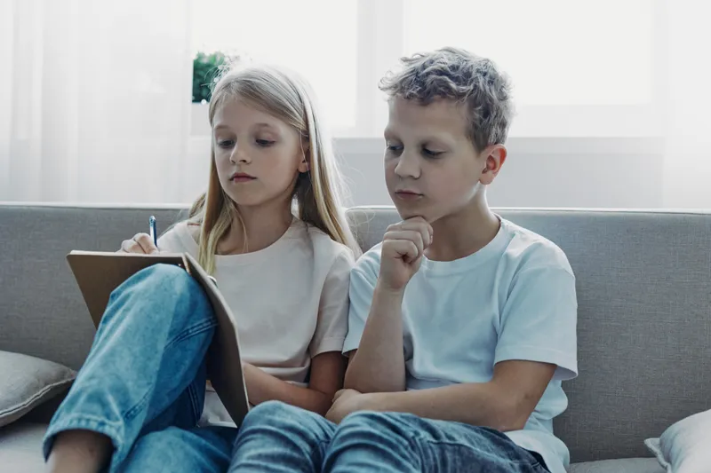 Serious children sitting on sofa, focused on writing and thinking. Girl writes on clipboard, boy contemplates with hand on chin in bright room with natural light. Concept of learning and