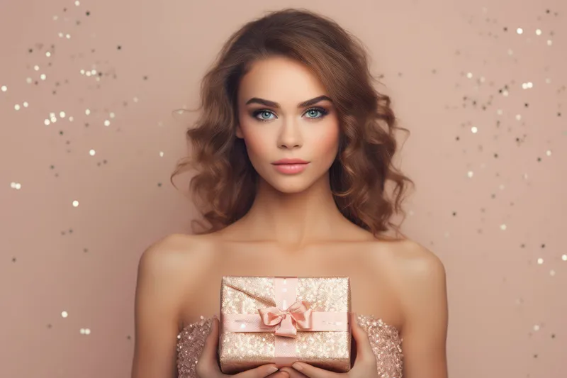 Женщина, счастливая, коробка, красота, портрет, рождество, подарок, улыбка, подарок, женщина, красный, фон, леди, удивление, фон, привлекательная, молодая, платье, женщина, мода, праздник