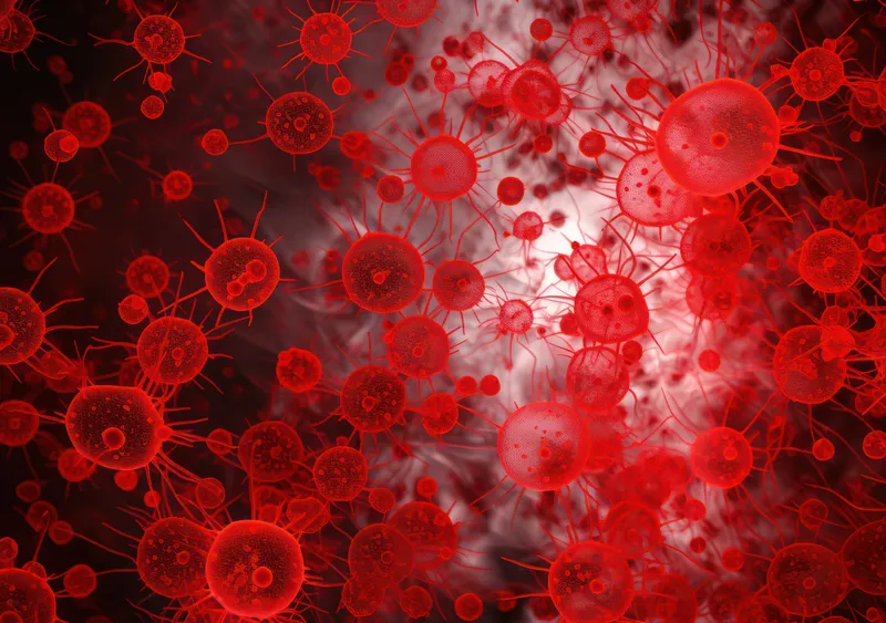 Микроскоп, здоровье, научная инфекция, фон, медицинская микробиология, кровь, коронавирус SARS, болезнь, вирус, микроб, медицина, наука, человек, красный, пандемия, эпидемия, корона, грипп, биология
