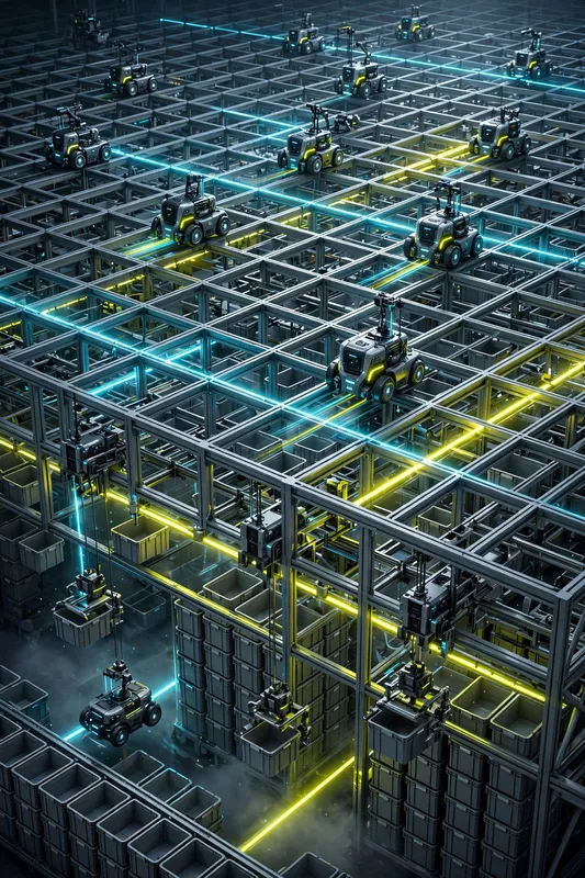 3D-рендер автоматизированного склада с роботами на решётчатых стеллажах