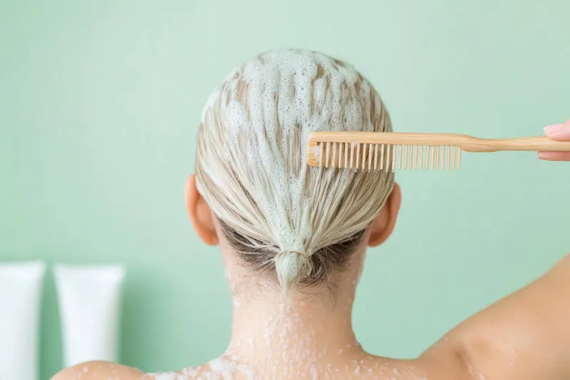 Крупный план женщины с blond-волосами, расчесывающей мокрые волосы после нанесения средства, подчеркивающий практику здорового ухода за волосами в успокаивающей зеленой обстановке