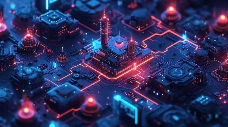 Технологическое слияние: футуристическая сеть цифрового интеллекта в светящемся изометрическом городском пейзаже
