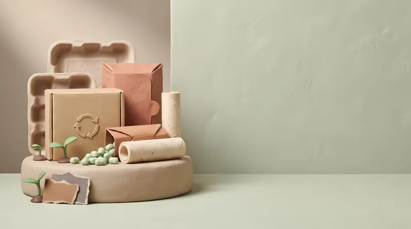 3D-сцена из глины ручной работы: перерабатываемые почтовые конверты, формованные волокнистые лотки, бумажная обертка и саженцы