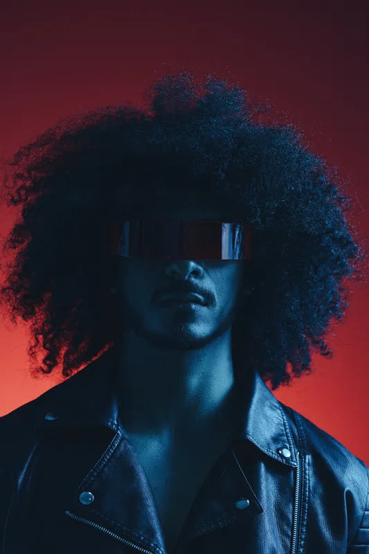 Портрет модного мужчины с кудрявыми волосами на красном фоне в стильных очках