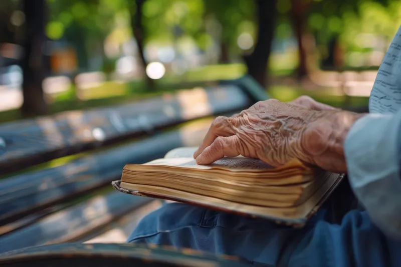 Пожилой человек наслаждается спокойным моментом в парке, читая открытую книгу на скамейке