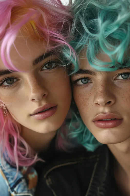 Две красивые светлокожие женщины с вьющимися волосами позируют в студии, излучая чувственность и нежность на фоне современного интерьера