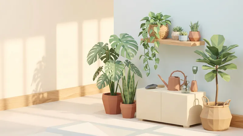 Стилизованный 3D-уголок по уходу за комнатными растениями в стиле low-poly с домашними растениями, горшками, инструментами для полива и местом для текста для баннеров сайтов, посвященных домашней…