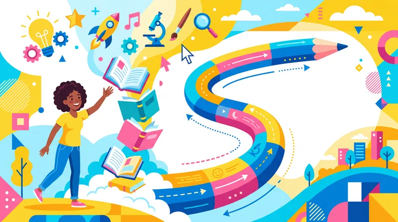 Современная образовательная иллюстрация с изображением студента, книг и парящих иконок обучения для платформы онлайн-курсов или школы