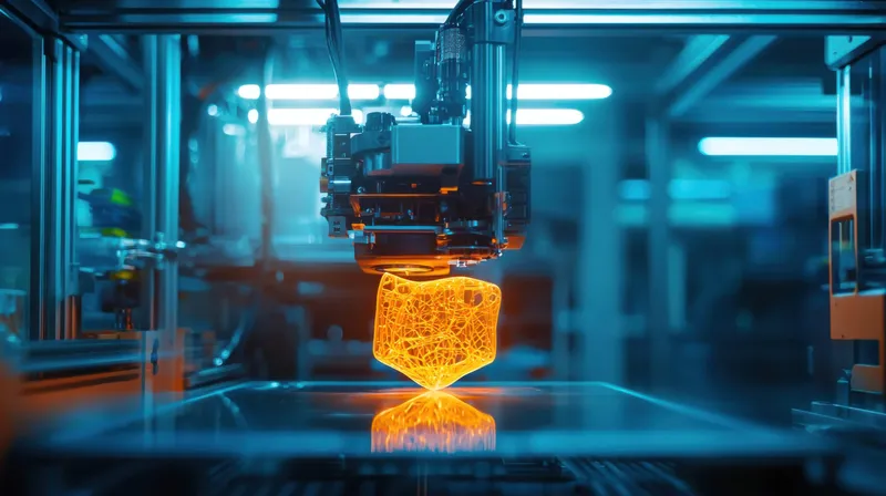Высокотехнологичная 3D-печать, демонстрирующая создание светящегося оранжевого объекта в инновационном производственном пространстве, подчеркивающая современность и креативность