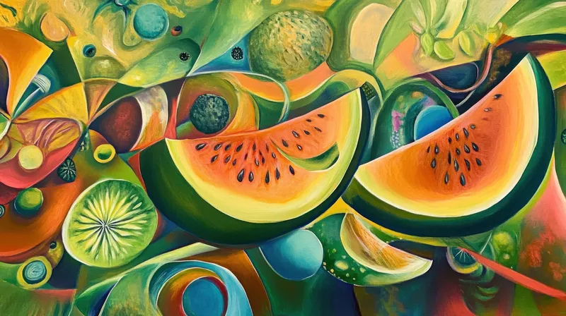 Яркое и красочное абстрактное произведение искусства, изображающее ломтики арбуза среди различных фруктов на фоне сочной зелени и желтого цвета, представляющее свежесть и жизненную силу