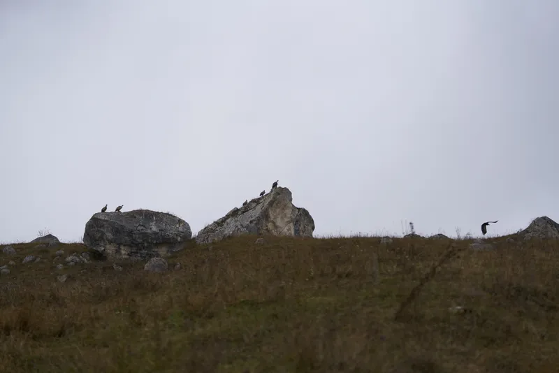 Горный пейзаж: скалы, камни, облака в небе, трава