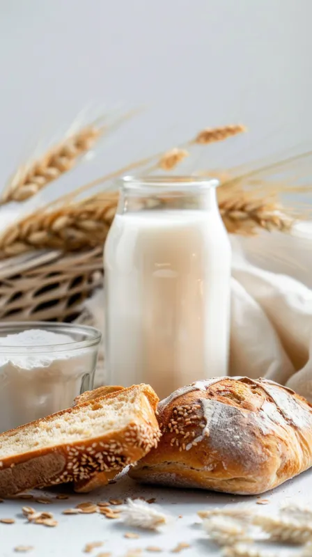 Бутылка молока рядом со стаканом сливок в сопровождении свежеиспеченного кунжутного хлеба, демонстрирующие натуральные продукты и здоровый образ жизни в теплой атмосфере