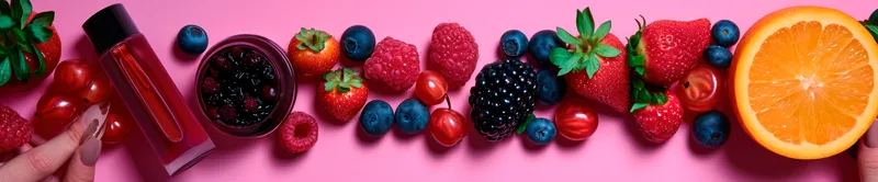 Вкусные свежесобранные ягоды: красочное изобилие сладкой органической спелой малины, голубики, ежевики и клубники на сочном красном фоне, идеально подходящее для здоровых перекусов и летних десертов