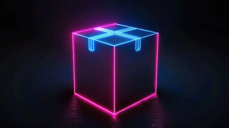 Современный 3D-рендер подарочной коробки, очерченной неоново-синим и розовым цветом с блестящей поверхностью, на темном фоне